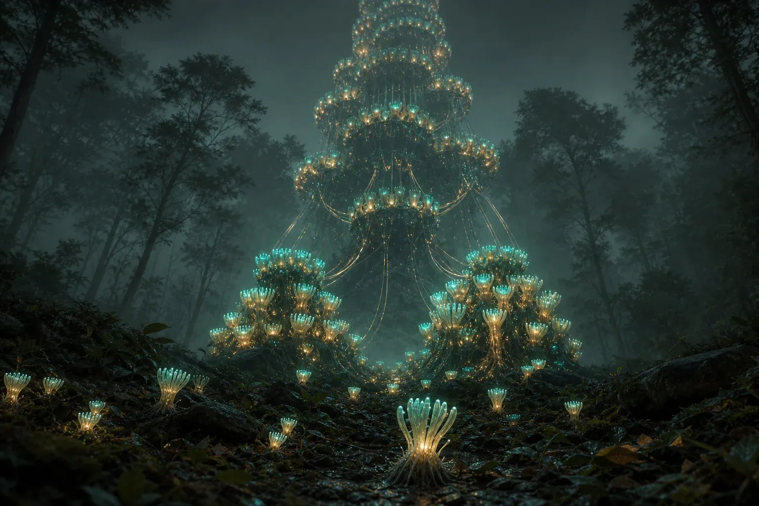 A misty glowing forest where one organism repeats at four sizes, from tiny polyps to a tower, linked by pulsing fibers.