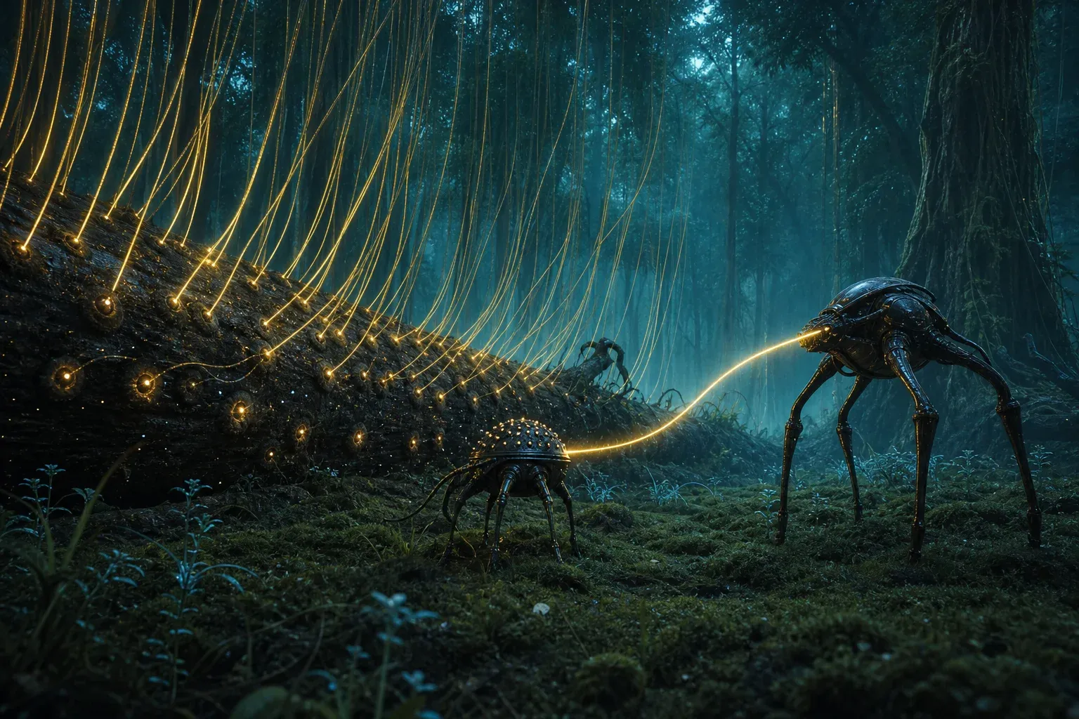 Glowing filaments drawn through pore-like openings in a huge fallen log in a bioluminescent forest at night.