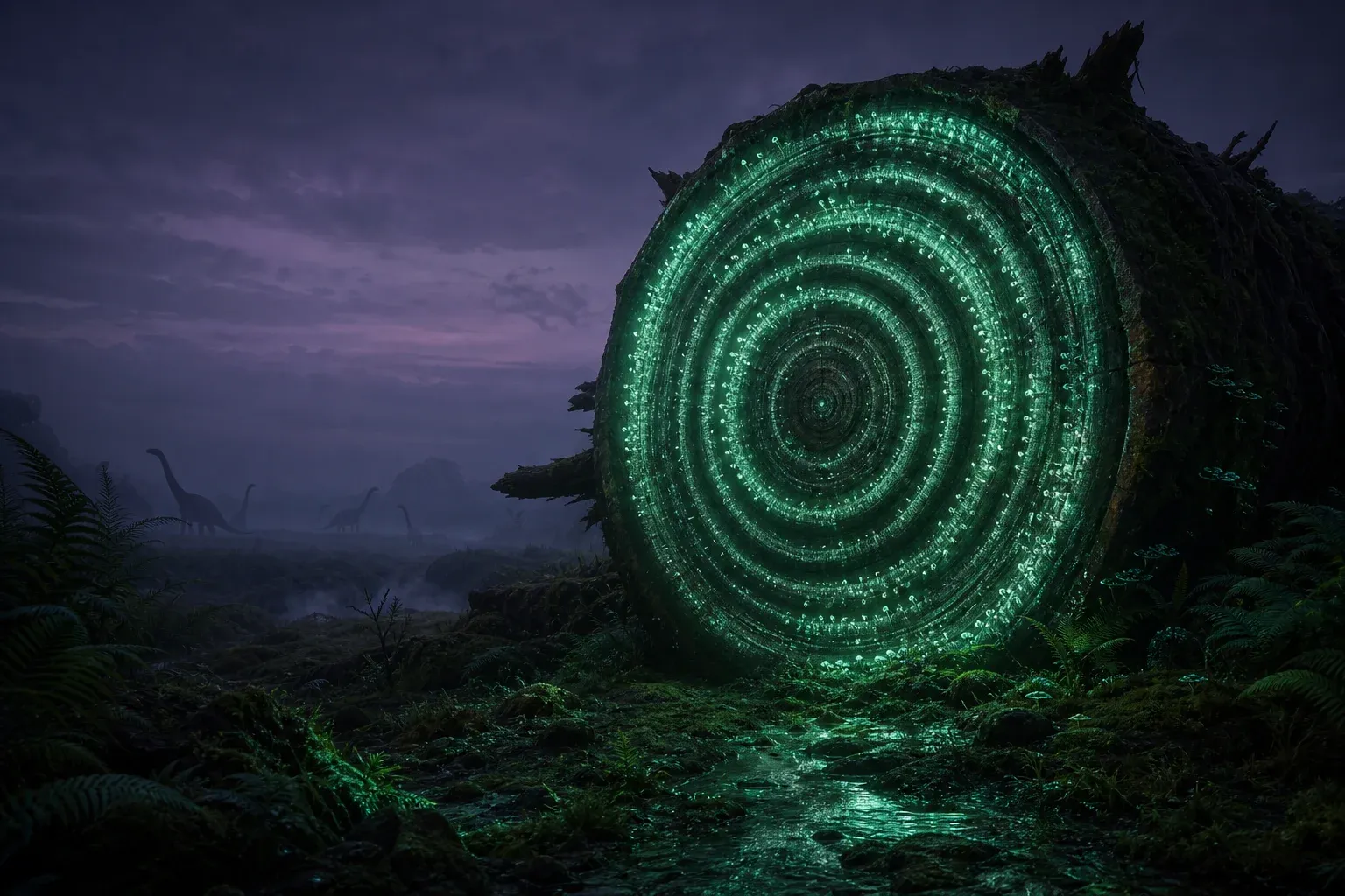 A giant fallen tree's cut face glows with ringed bands studded by pale nodules, in a misty valley with distant grazing animals.