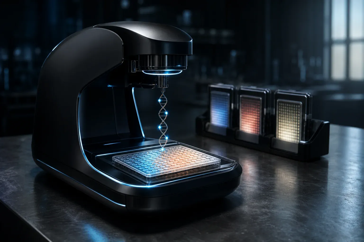A laboratory instrument scanning a glass chip of glowing microwells while a beaded DNA strand feeds into it, with more chips waiting nearby.