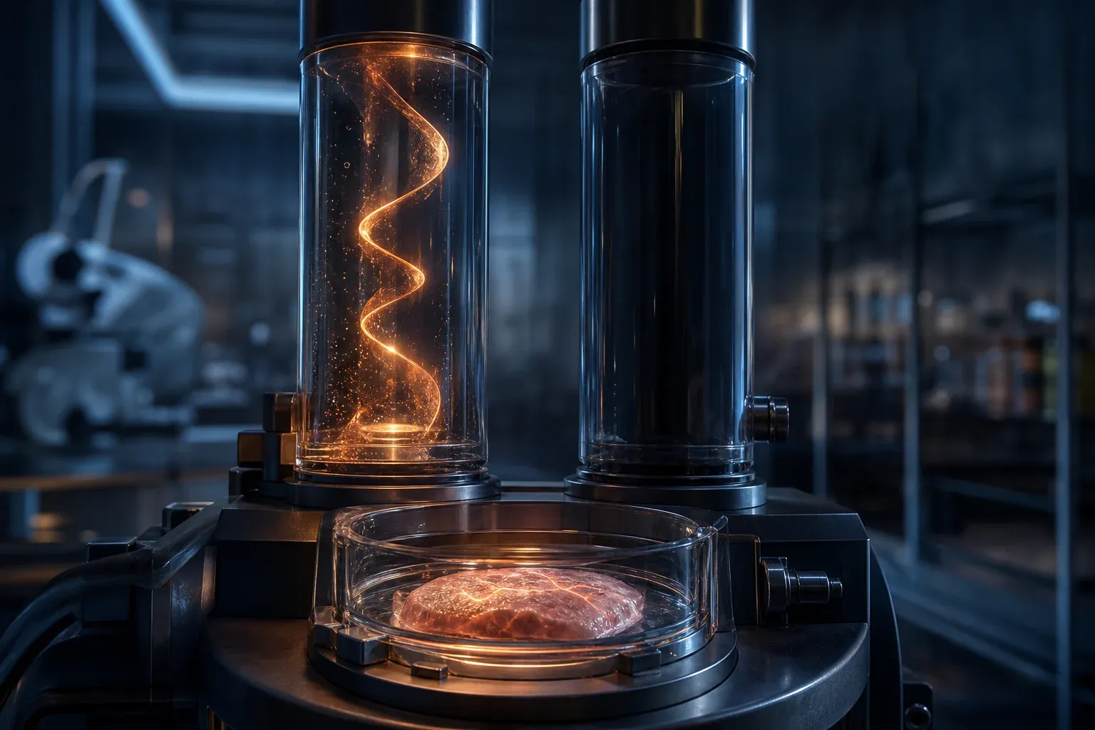 A lab instrument with two glass columns, one lit by a rising amber ribbon of light, the other dark and capped, above a small disc of living tissue.