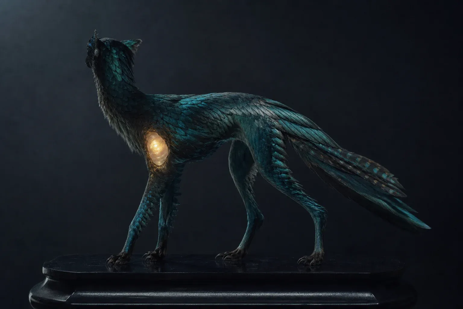 A feathered teal engineered animal on a black plinth, a glowing amber disc grown into its upper foreleg.
