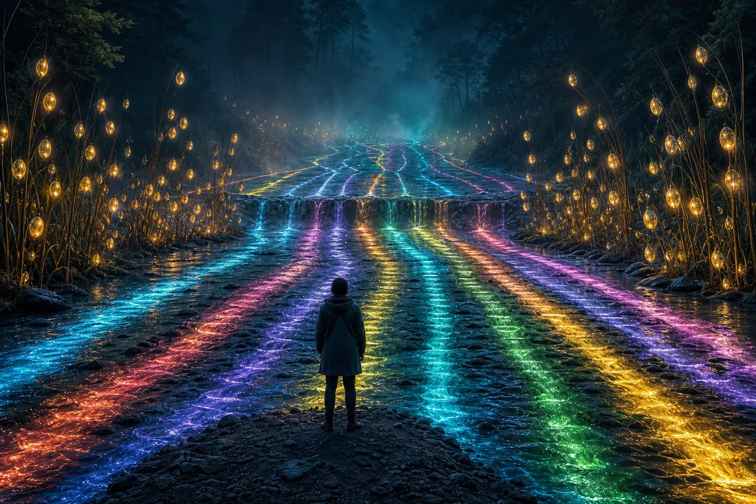 A night forest river splitting into many colored glowing channels that align beneath reeds whose translucent pods flare gold where the light crosses them.