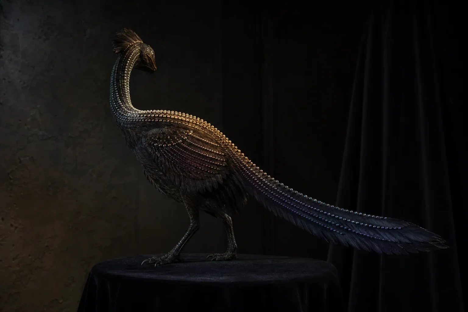 A feathered reptile-like creature on a black plinth, its spine and flanks studded with rows of tiny beads glowing at varying brightness.