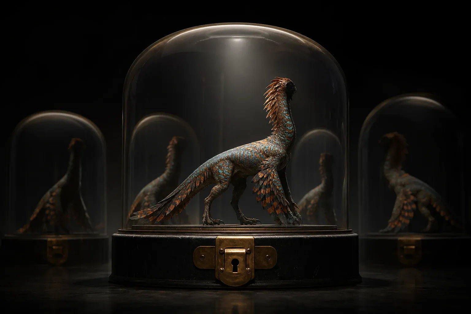 A feathered reptilian creature stands in a locked smoked-glass display case under a single overhead light, with faint smaller reflections of itself in the glass.