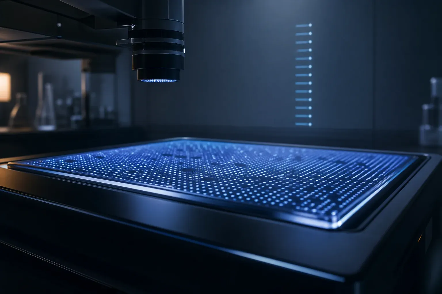 A glowing grid-patterned glass chip inside a dark laboratory instrument, with some grid points lit and others dark, under a hovering robotic lens.