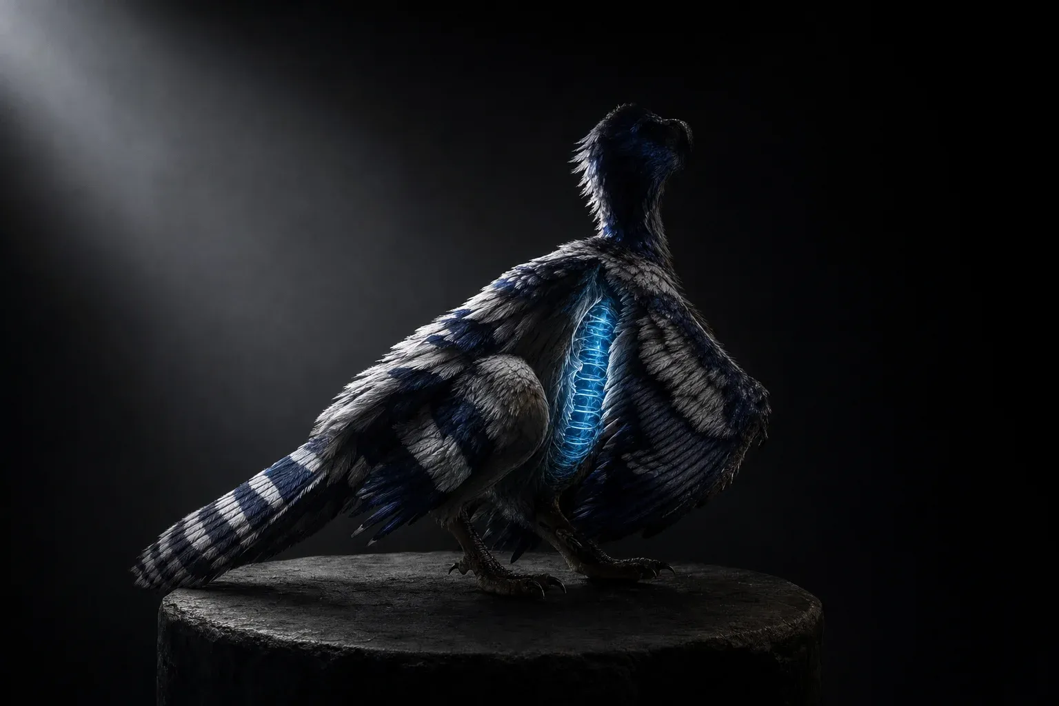 A silver and indigo feathered reptile on a black pedestal, a glowing coiled filament visible beneath its parted breast feathers.