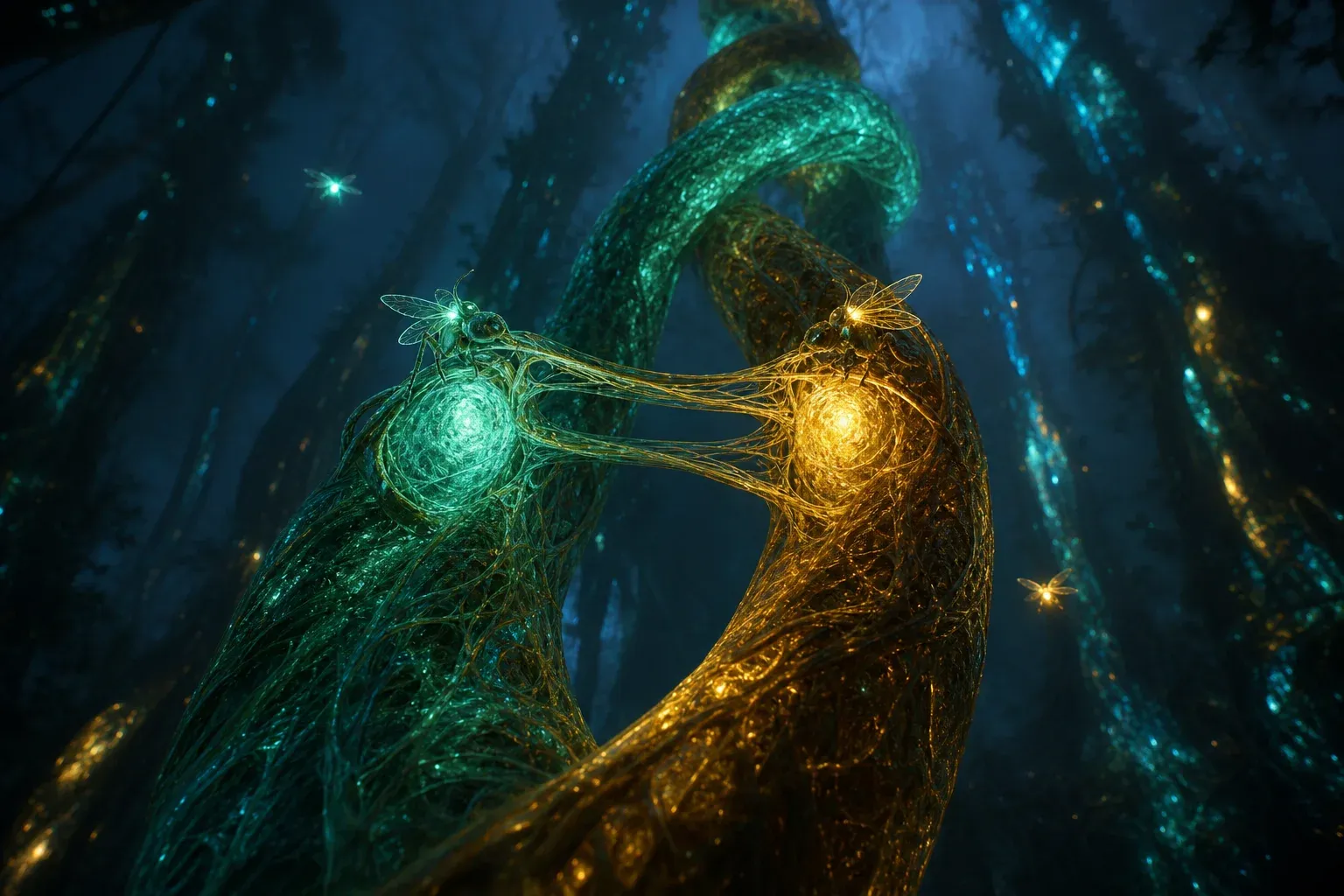 A giant glowing double-helix vine in a dark forest, unwound at one point to reveal two brightly pulsing nodes tended by hovering insects.