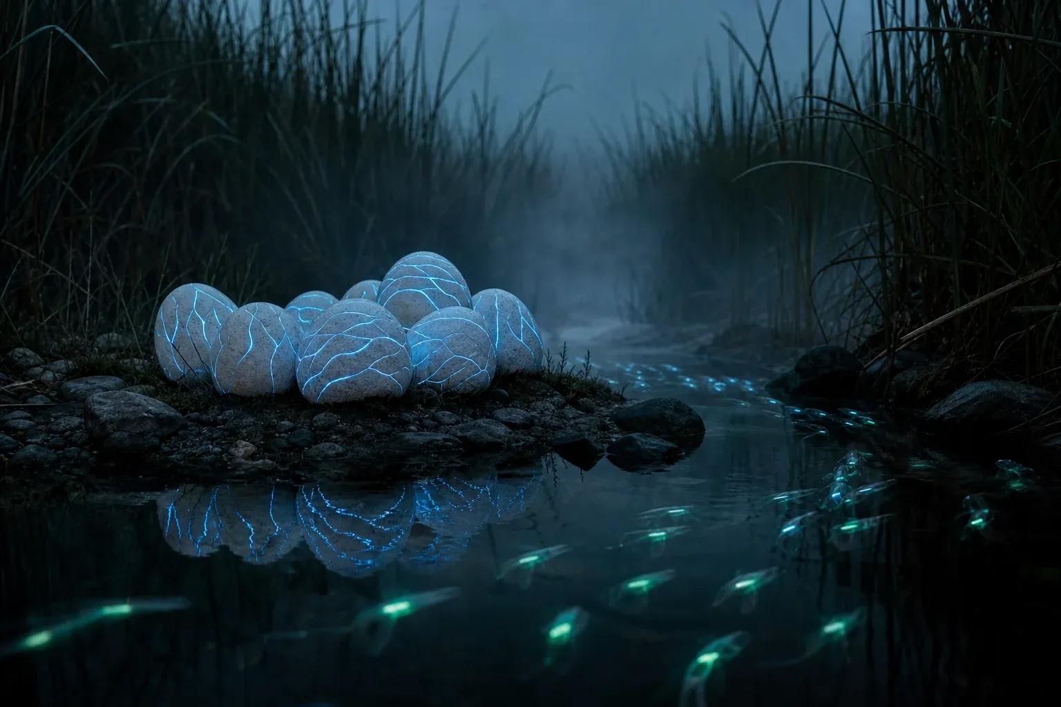 Night wetland where carved glowing stone eggs sit in a channel while small translucent swimmers with blinking light tags drift past them.