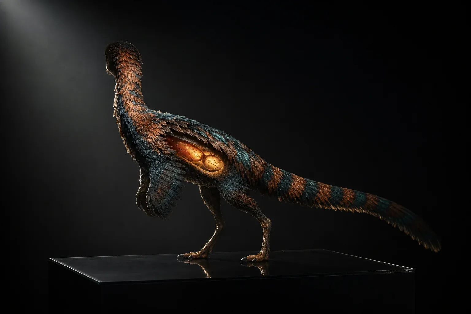 A feathered reptilian specimen on a black plinth in a dark studio, one amber-glowing organ visible through translucent skin on its flank.