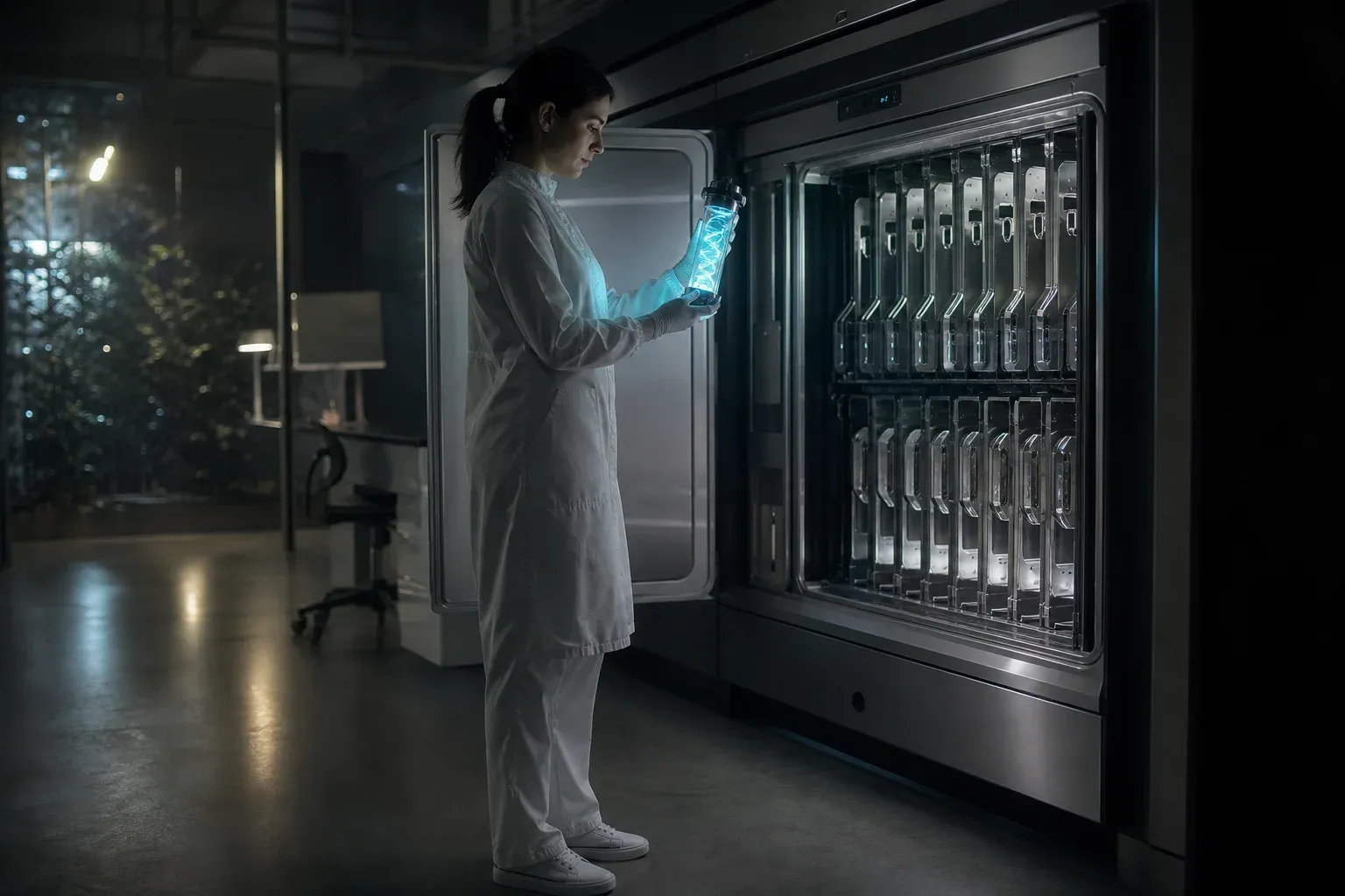 Gloved hands lift a glowing sealed DNA cartridge out of a vault-like sequencing machine in a dark lab.