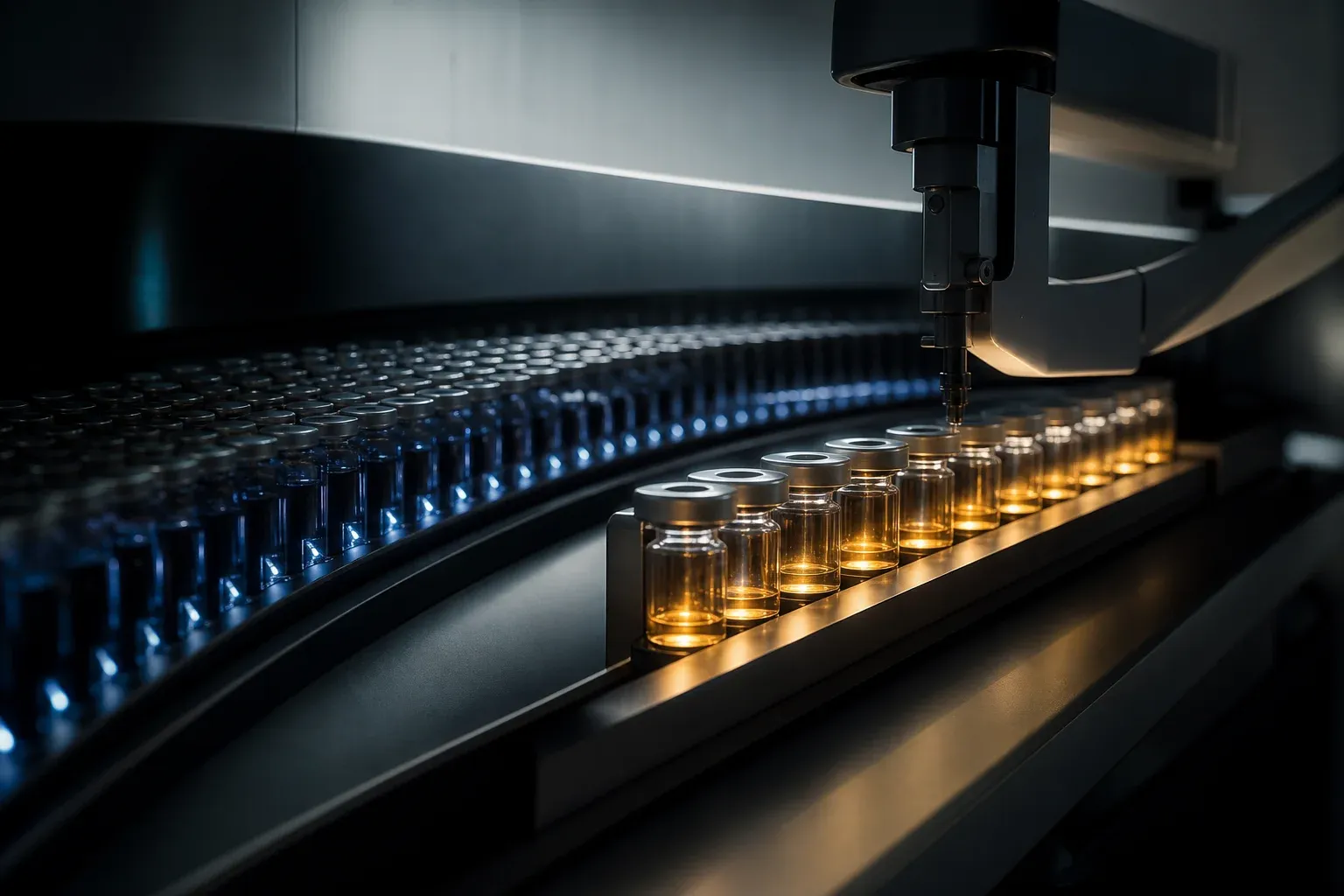 A lab instrument's robotic arm lifting ten glowing gold vials out of a long carousel of dim blue-lit serum vials.