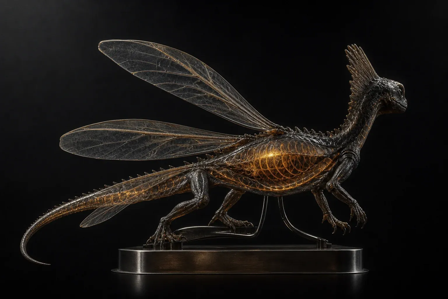 A four-winged reptile with translucent glowing veins arranged in nested rings, studio-lit on a steel perch against black.