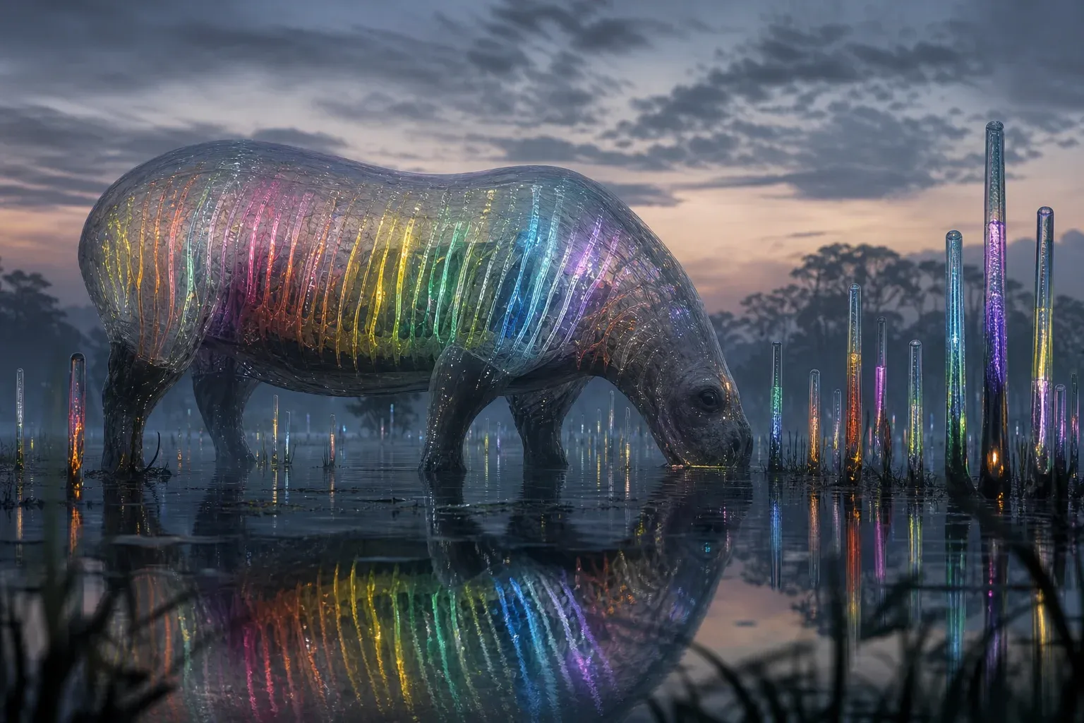 A translucent creature in a glowing wetland with dozens of colored fluid channels in its flank, mirrored by glass-like reeds nearby.