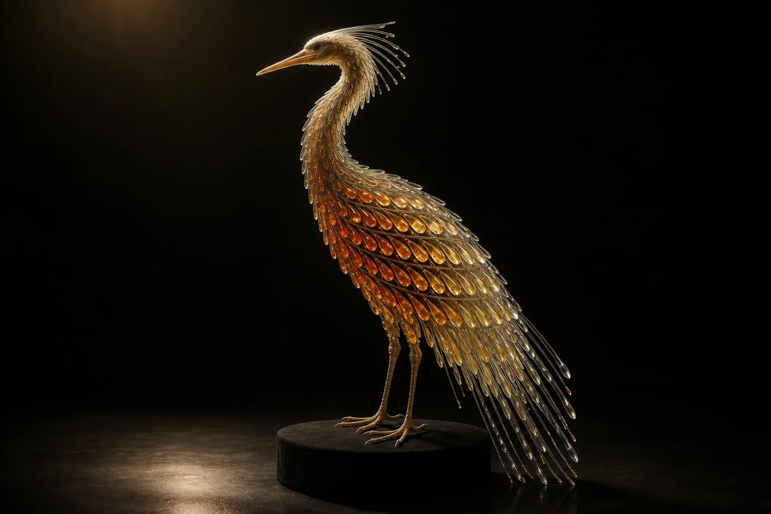 A feathered specimen creature on a black plinth, its flank feathers arranged in repeating rows each holding a glowing amber droplet.