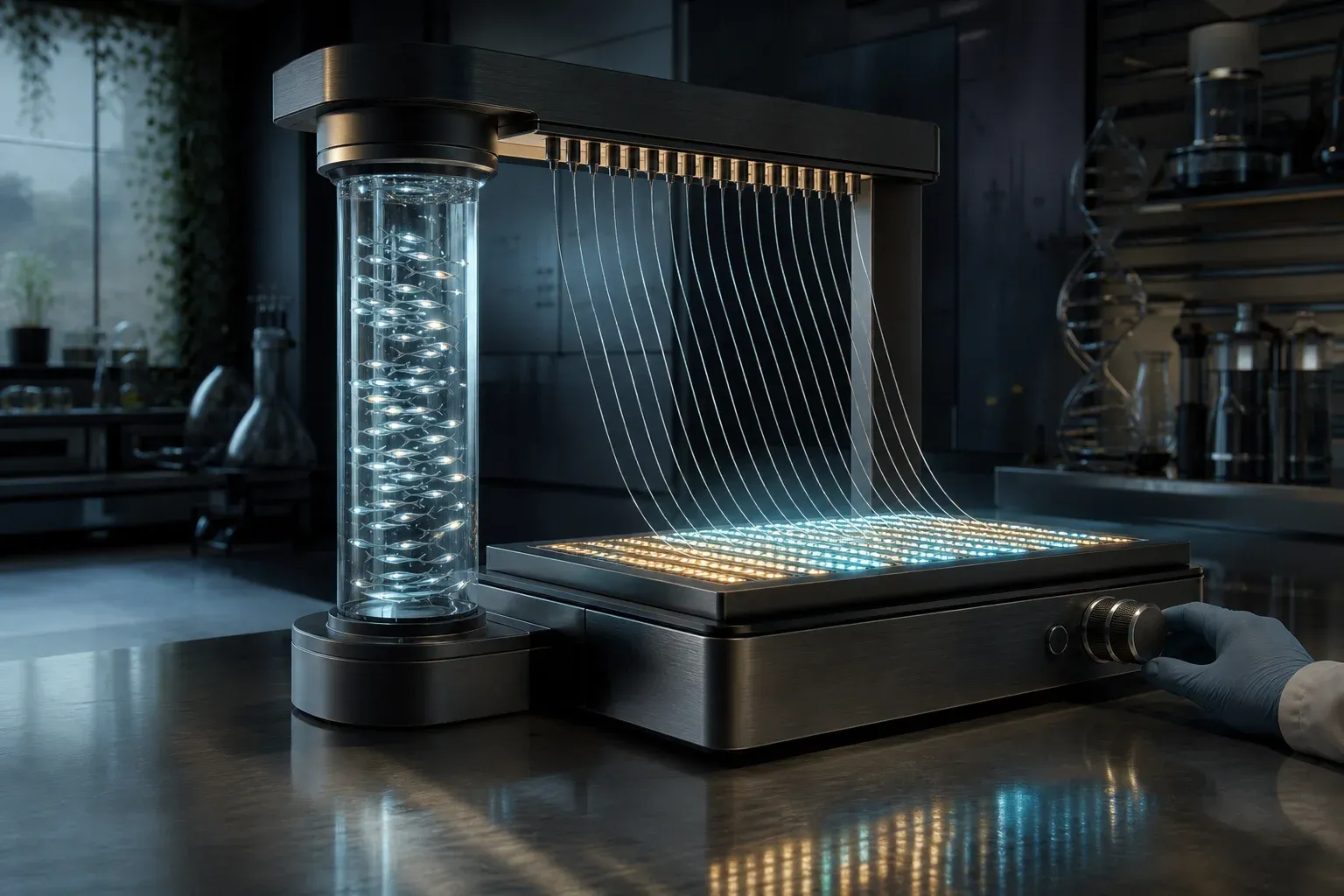 A tall glass instrument column where fish-shaped lights swim upstream trailing glowing strands that are combed into a grid of light on a plate.