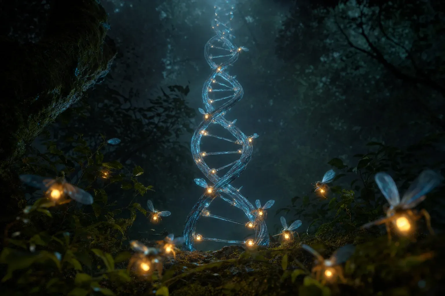 A giant glowing double-helix vine in a dark forest, tagged with amber beads of light by hovering winged creatures.
