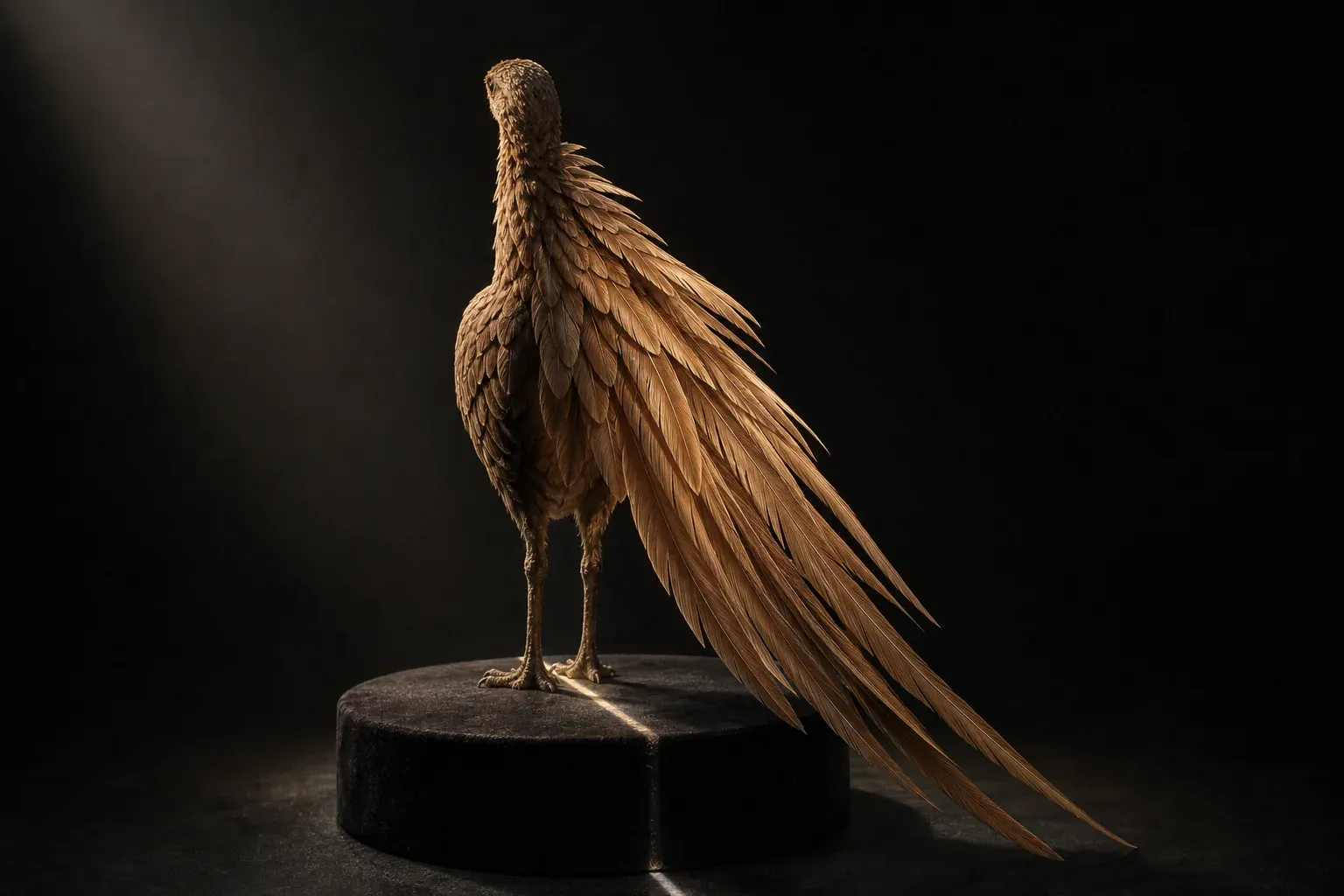 A feathered specimen on a dark plinth with short plumage on one side and doubled-length plumage on the other, lit from above.