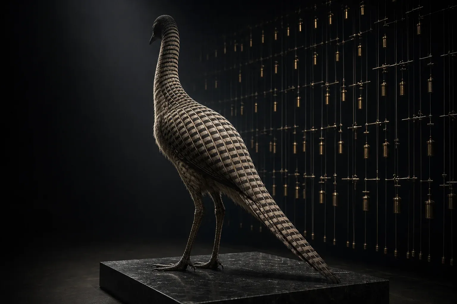 A studio-lit feathered dinosaur specimen with feathers in a strict grid pattern, facing brass calipers and weights on wires.