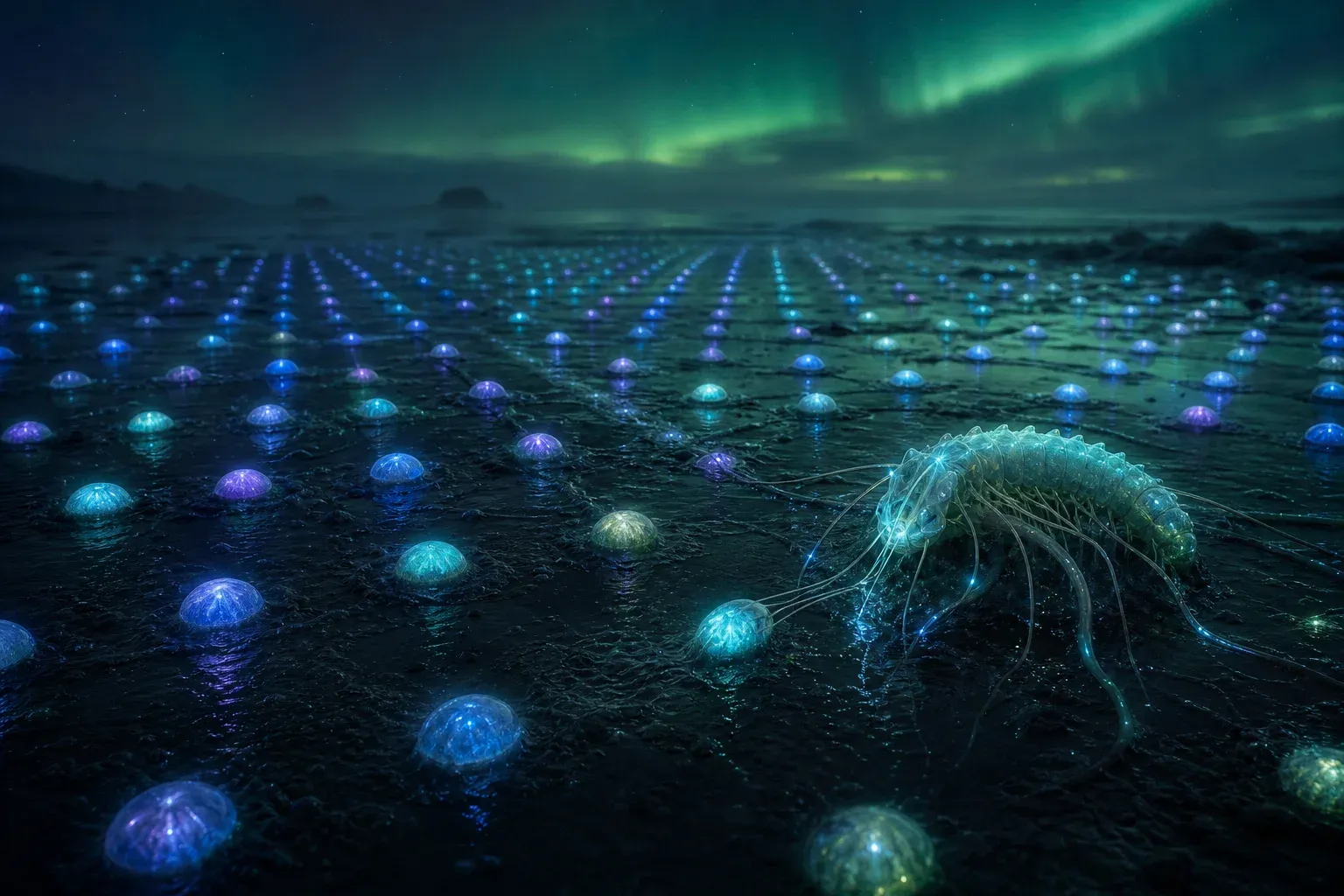 A huge regular grid of glowing pods set in wet tidal sand at night, with gaps being filled by thin creeping filaments.