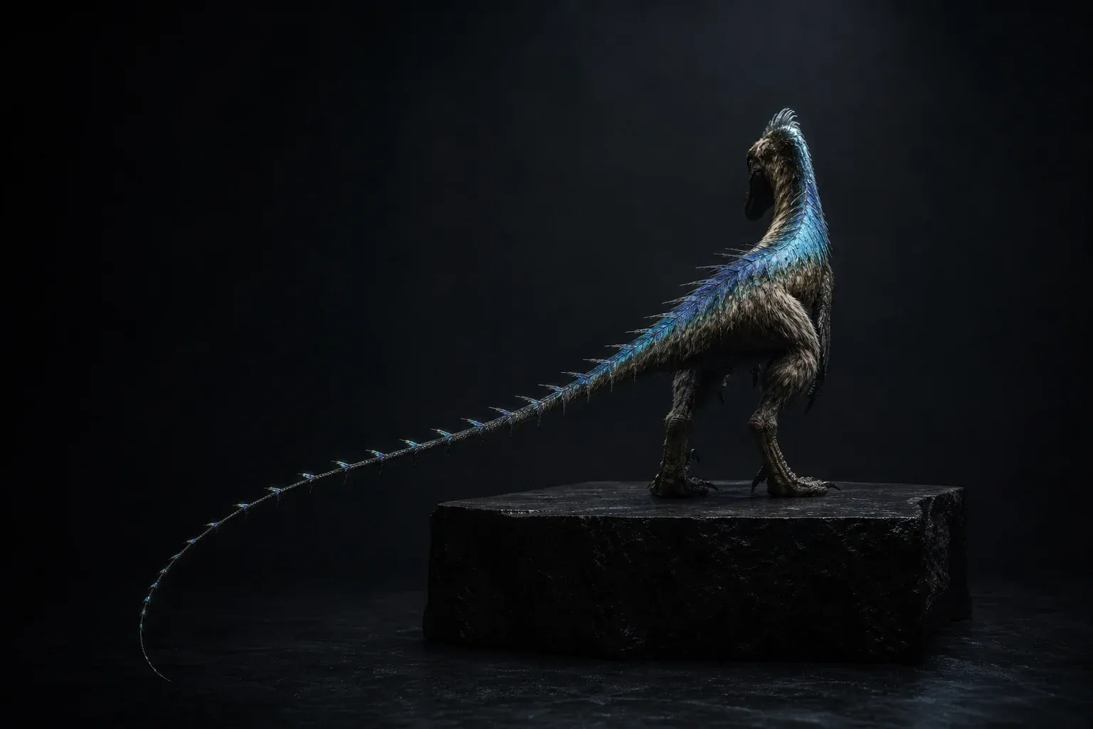 A studio-lit feathered reptile specimen on a black plinth, its spine quills spaced apart at the tail and merging into a smooth glowing membrane at the neck.
