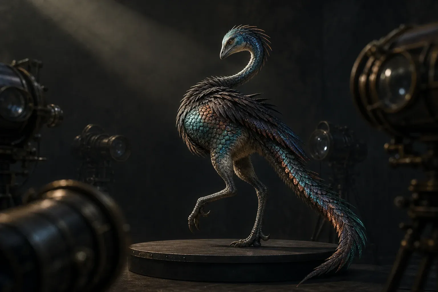 An iridescent feathered-and-scaled creature on a dark plinth turns its head to look back at a ring of lensed instruments aimed at it.